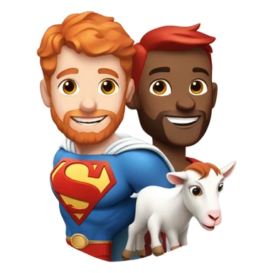 White superman with red hair and red beard flying next to a happy goat.  sticker