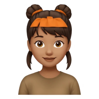 In Apple Memoji format, a girl with dark brown hair. She has bangs and her hair is in a singular high bun. The girl is arab and has light brown skin. She is wearing a brown shirt. She is soft smiling, no teeth shown. sticker
