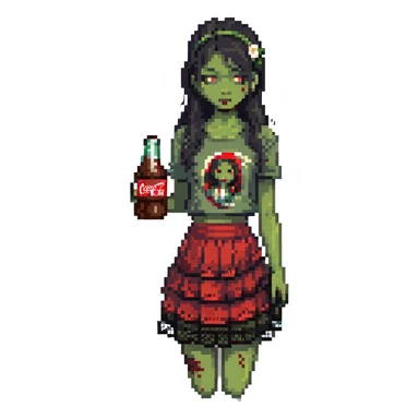Generate an Asian girl, dark-haired, she's a zombie, wearing a skirt with lace, slightly torn,

Holding a bottle of Coca-Cola in her hands.

Background - a dark street in the style of Gotham City. sticker