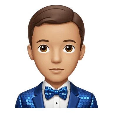 Fred Astaire with brown hair, dark blue sequin suit with bow tie sticker
