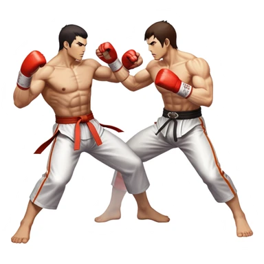 An icon showing two fighters in an intense battle, inspired by Tekken. The design features dynamic poses, with powerful punches and kicks, and a vibrant action-packed background. Health bars are visible at the bottom, showing each player’s status. Transparent background. sticker