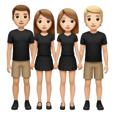 emoji of a girl with long, straight light brown hair, fair skin, soft brown eyes. Wearing a stylish black top and mini skirt. Full-height, standing confidently with shoulders back, head up, smiling proudly. Surrounded by 3men and one woman next to her, holding hands. sticker