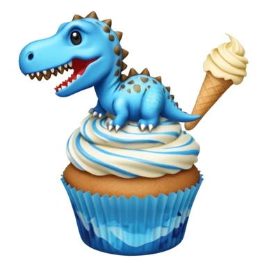 A cupcake having blue and black icing and a dinosaur as a decoration and ice cream next to it sticker