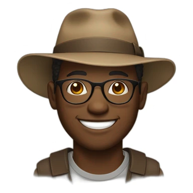 black man with glasses, smiling,wearing a round, brown hat  sticker