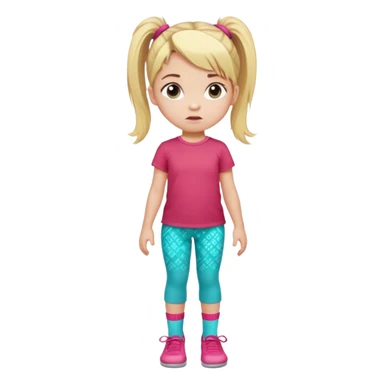 Little girl with blonde hair in ponytail with pink hair tie, wearing red t-shirt and turquoise patterned pants, light socks, serious facial expression sticker
