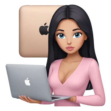 Glamours, tanned, very beautiful girl, with big pump peach-beige-rose lips, long lashes, black straight smooth silky long hair, straight parting hair, blue-grey eyes, in light-pink v-neck bodysuit holding MacBook sticker