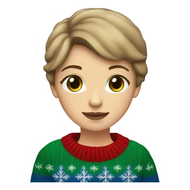 Light brown short haired girl with green eyes drinking coffee wearing blue Christmas sweater sticker