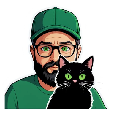 A bold man with a grey baseball cap, green eyes, big beard and glasses holding a black cat sticker