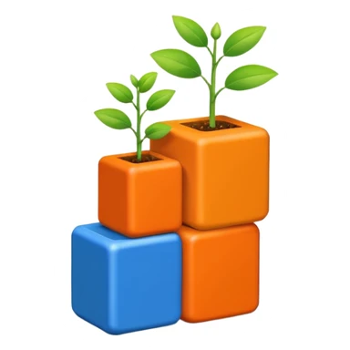 Три разноцветных строительных кубика (синий и оранжевый), сложенных друг на друга, из верхнего кубика растет маленький зеленый росток. Символ начала и роста. sticker