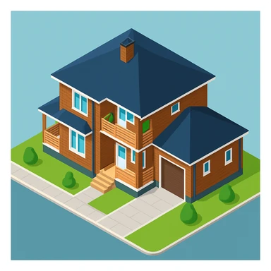 isometric illustration of the building. 3D isometric infographic design. Clean lines, bright and saturated colors, minimal unnecessary details. View from above at an angle (isometric), showing the roof, facade, and part of the surrounding area. Soft shadows, daylight lighting, no harsh contrasts. Background should be solid (blue, gray, or light tone). Add a small area around the building (roads, tiles, grass) so the building looks complete. Accurately represent the architectural features of the building (roof shape, facade, colors). Final style should be neat and polished, similar to posters or educational infographics. sticker