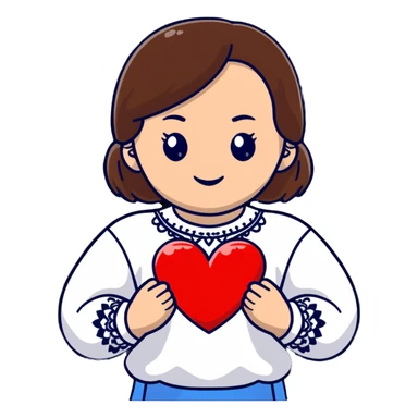 Beautiful young girl with brown hair in a white Ukrainian embroidered shirt holding a large embroidered heart sticker