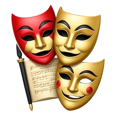 Create a bold and dramatic emoji representing the art of playwriting. The design should feature an open script or a theater playbook, with stylized text lines or dramatic dialogue inside. Include elements like a theatrical comedy and tragedy masks, a stage spotlight, or a quill to symbolize creativity and performance. Use deep, contrasting colors like red, black, and gold to evoke the intensity and passion of drama. The overall design should feel dramatic, inspiring, and artistic. Make the background transparent. sticker