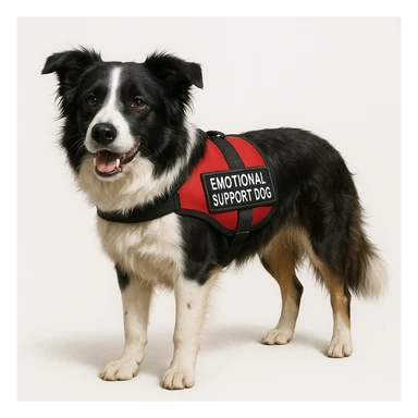 realistic border collie wearing an emotional support dog vest, realistic fur, friendly expression, standing, white background sticker