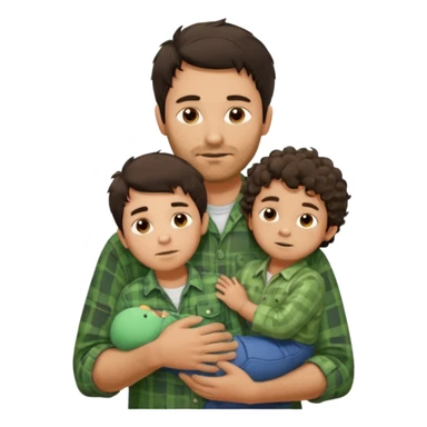 A father with messy medium-length dark hair and light stubble, wearing a green flannel shirt. He holds his one child who has short curly brown hair and a cream-colored romper. Cozy warm lighting, authentic family moment. sticker