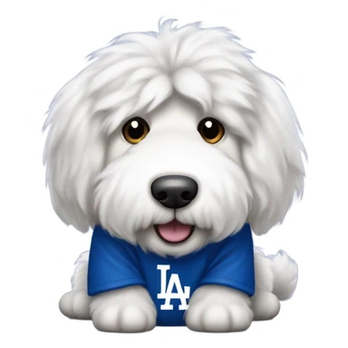 Old English sheepdog waiting for food wearing a Dodgers shirt sticker