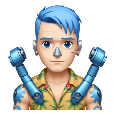 Franky with blue hair, metal nose, Hawaiian shirt, robotic arms sticker