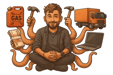 Перерисуй персонажа в объемном, но слегка рисованном стиле, у него много рук как у осьминога и он держит в них - канистру с бензином, пачку 5000 тысячных рублей, молоток, папку с бумагами, грузовой автомобиль, компьютер - фон сделай прозрачным sticker