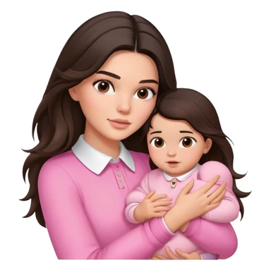 brunette Kendall Jenner with long hair holding on the hands a baby wear on pink collar sticker