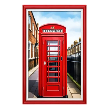 Cinematic Realistic depiction of an iconic red telephone box, rendered in vivid, saturated colors with detailed textures and reflective surfaces, set on a classic English street under soft, diffused daylight sticker