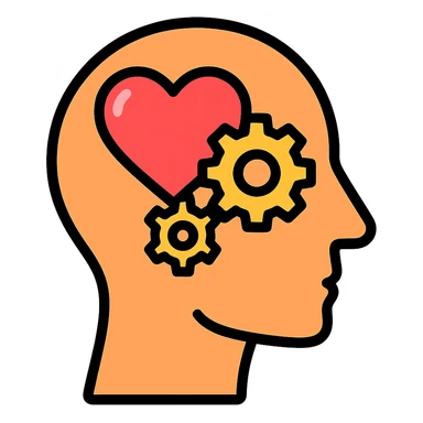 Vector illustration of a human head icon in profile view, with a heart or gears inside the head symbolizing emotional intelligence or cognitive processing. Clean and sharp lines, with subtle realistic shadows and glossy highlights for depth. Flat yet modern vector style. Transparent background sticker
