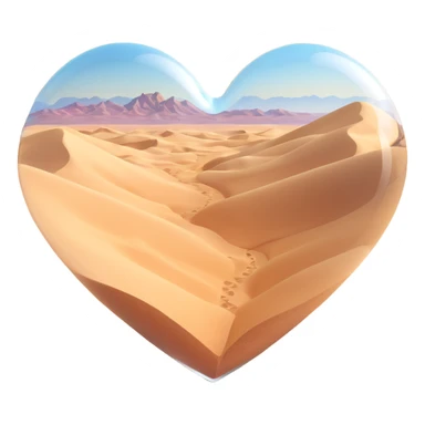 3D emoji of a glass heart, filled with smooth desert sand dunes, no greenery, highly realistic glass appearance sticker