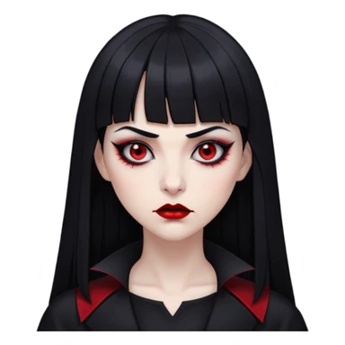 pale woman with black long straight black hair red sleepy eyes with black eyeliner black lipstick vampire teeth straight short bangs serious expression with thin black eyebrows nose piercing black clothe  sticker