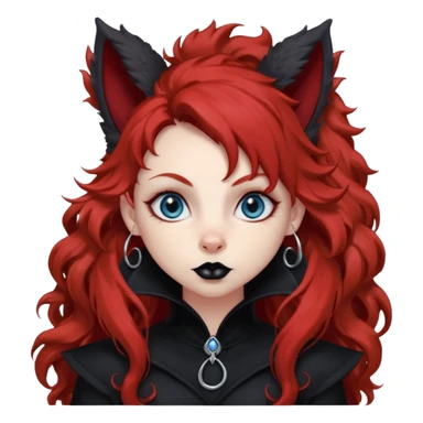  long super curly blood red hair (darker), red pointed squirrel ears with black trim, black goth outfits, body and face human, blue eyes, more pointy chin, black lipstick, one big fluffy red squirrel tail with black tips, close her mouth, less evil looking sticker