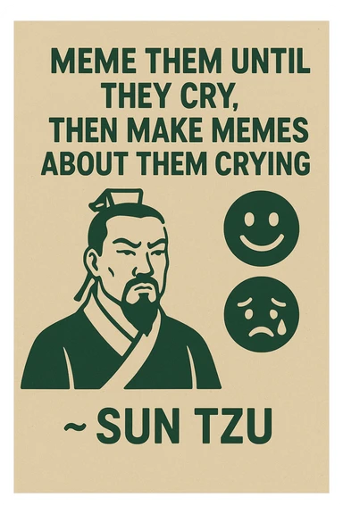 "Meme them until they cry, then make memes about them crying" -Sun Tzu 

as an inspirational poster, minimalism, semiotic signage, graphics for limited visibility signage sticker