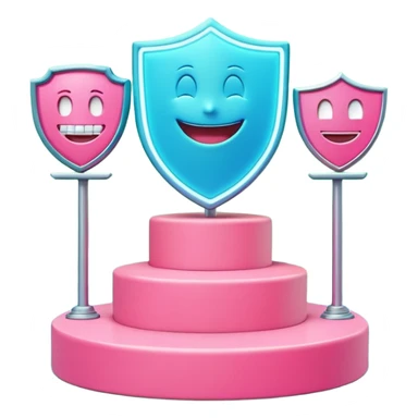 Minimalist 3D emoji-style podium with 2 steps on a green chroma key background. Step 1 (higher) features a handshake icon with blue neon glow. Step 2 (lower) features a smiling tooth with a shield icon and pink neon glow. Clean rendering, soft colors, uniform lighting. sticker