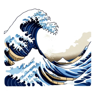 Cinematic Realistic Great Wave off Kanagawa, depicted as a colossal, crashing wave with dynamic blue hues and frothy white crests, rendered with intricate textures and fluid motion that captures both the timeless power and poetic beauty of the iconic Japanese artwork sticker