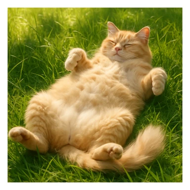 cat lying on its back in thick grass, sunny, fluffy belly, relaxed pose sticker