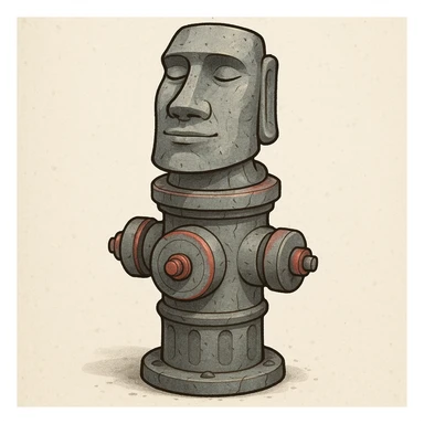 A whimsical fusion of a fire hydrant and the Moyai statue, with the hydrant's top as the statue's head, stone-gray color with subtle red accents, and a serene face. sticker