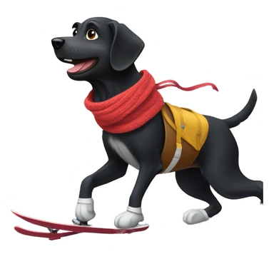 Black dog skiing down a mountain with a scarf and helmet sticker
