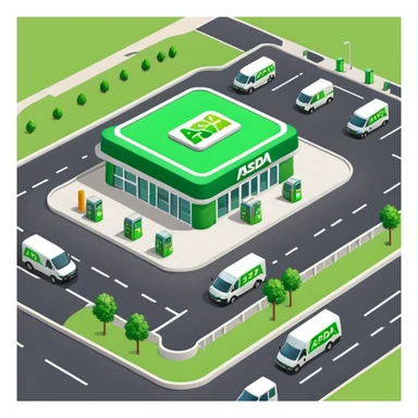 Isometric ASDA store with green logo, petrol station, large parking area, and delivery vans sticker