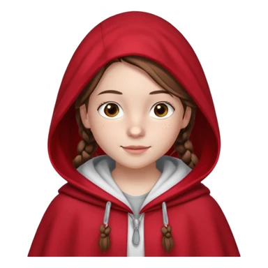 A 12-year-old girl, with fair skin, freckles, and a warming smile that shows her pale pink lips. She has big brown eyes and normal eyebrows. Her brown hair is styled in French braids that reach her breasts. She wears a bright red hooded cloak with the hood drawn over a pretty white tank top. sticker