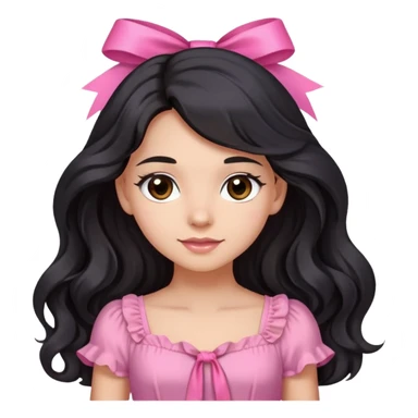 Beautiful girl with long wavy black hair, brown eyes, light skin, slight smile, pink ribbon in hair, and pink dress sticker