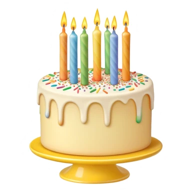 Realistic beige and white vanilla birthday cake with candles and rainbow sprinkles, on a yellow cake stand sticker