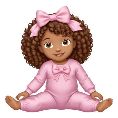 Brown skin 6 month old baby with brown curly hair down laying down smiling with satin baby pink onesie and white bow sticker