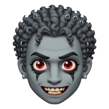 Vampire with grey skin, fanged teeth, piercings on eyebrow, two dermal piercings on cheek, and curly hair male sticker
