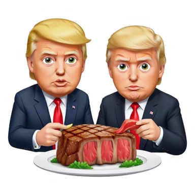photorealistic Donald Trump and Macron eating a steak shaped like an piece of land sticker