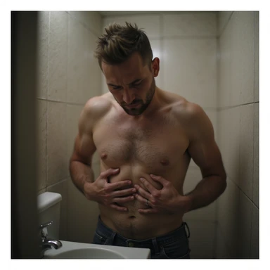 realistic 4K man in the bathroom squeezing his belly with hands and looking at it with a despondent expression sticker