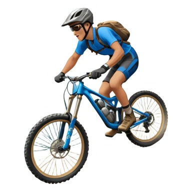 A thrilling downhill mountain biking scene! A rider in full gear speeds down a steep rocky trail, kicking up dust. The rugged mountain landscape surrounds them, with towering peaks, evergreen trees, and a bright blue sky. The rush of adventure is in the air. Transparent background. sticker