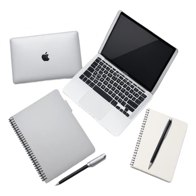top view of a MacBook and a notebook with a pen nearby, different arrangement sticker