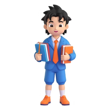 Goku as a student, wearing a school uniform, holding books, cheerful expression, 3D style sticker