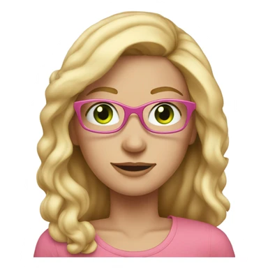 Woman with long blonde hair, freckles, green eyes, glasses, wearing pink top, sticker