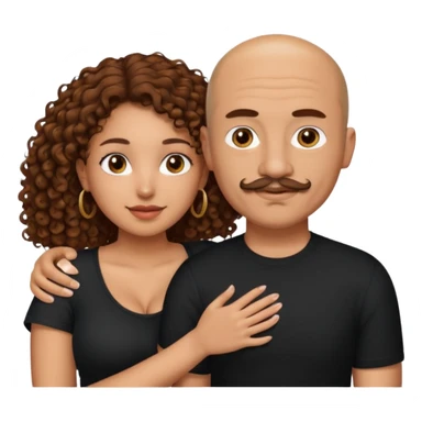 A mixed girl, the girl is wearing a black shirt, the girl has brown curly hair  and the girl has big boobs. A Mexican man is embracing her, with bald hair and a short boxed mustache  sticker
