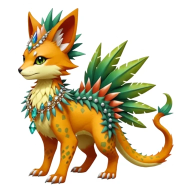 Kawaii cute reddish orangish yellowish greenish exotic tropical beautiful pretty elegant divine edgy feline-vernid-sergal-Fakémon-Pokémon-fursona-animal-creature with accessories, jewelries, full body, with intricate detailed markings, spikes, crystals, fins, scales, spiny, feathered, headdress sticker