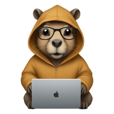 Nerdy cute capybara with its distinct large dark snout, big eyes, with glasses wearing a hoodie and coding on a laptop  sticker