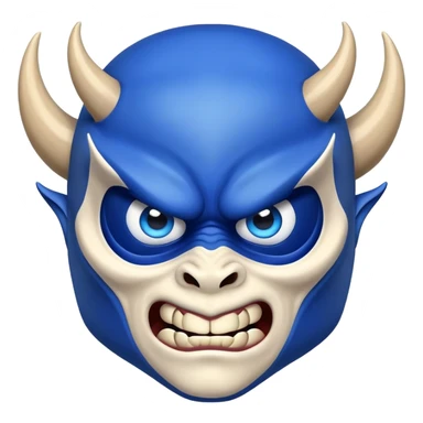 blue demon emoji face with big expressive eyes and curved horns sticker