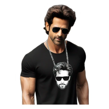 Hrithik roshan wearing men silver chain on a black tshirt,styled,cool sticker